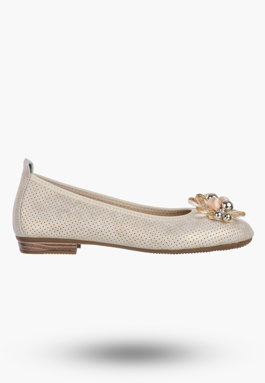 Baleriny Damskie Skórzane Buty Eleganckie Półbuty Z Ozdobami Beżowe FILIPPO