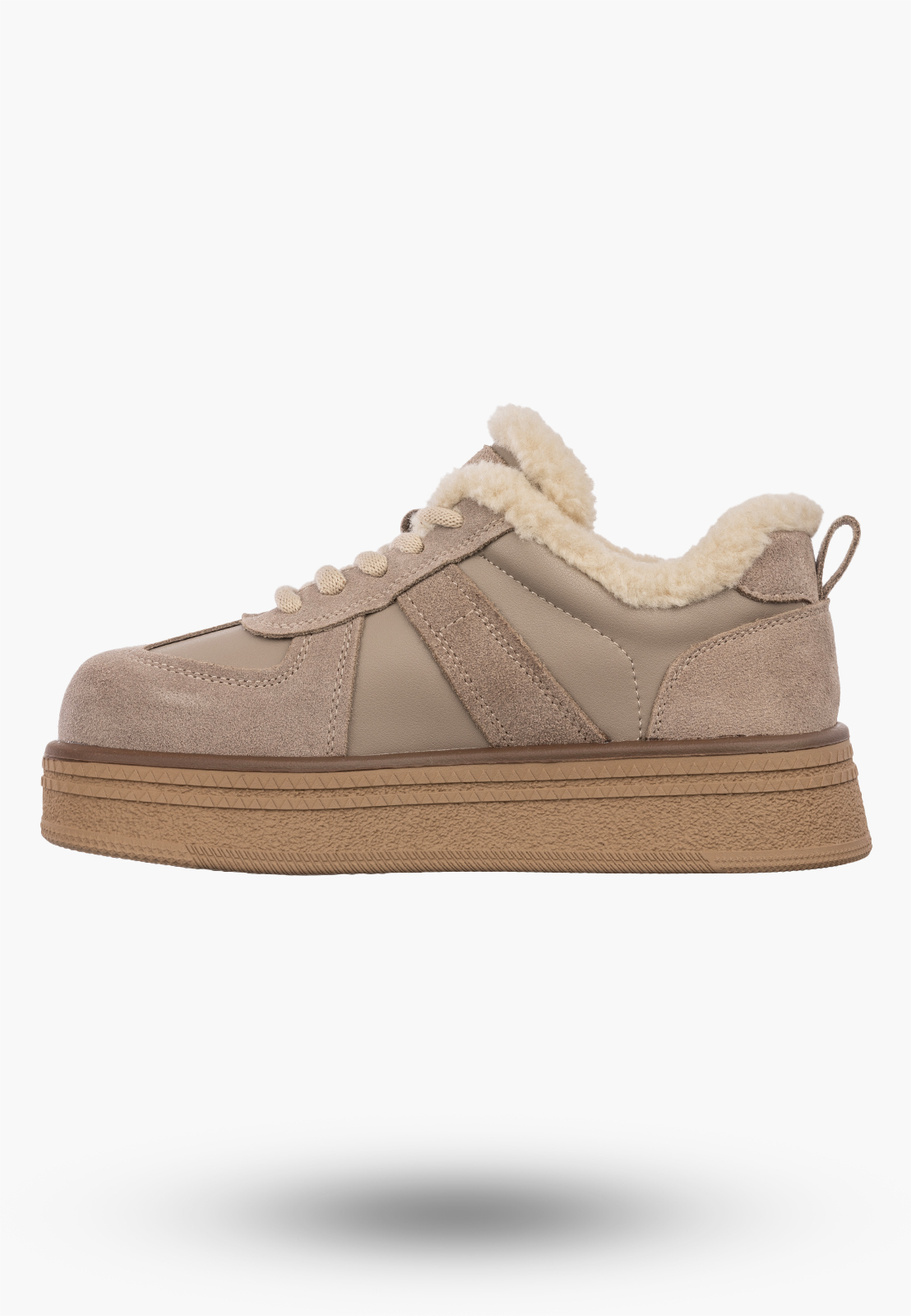 Sneakersy Skórzane Damskie Ocieplane Buty Na Platformie Beżowe FILIPPO