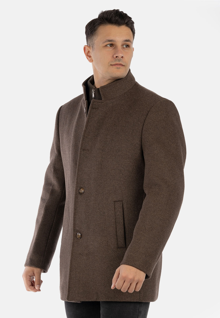 Płaszcz Męski Jednorzędowy Wełniany Z Odpinaną Stójką Elegancki Brązowy