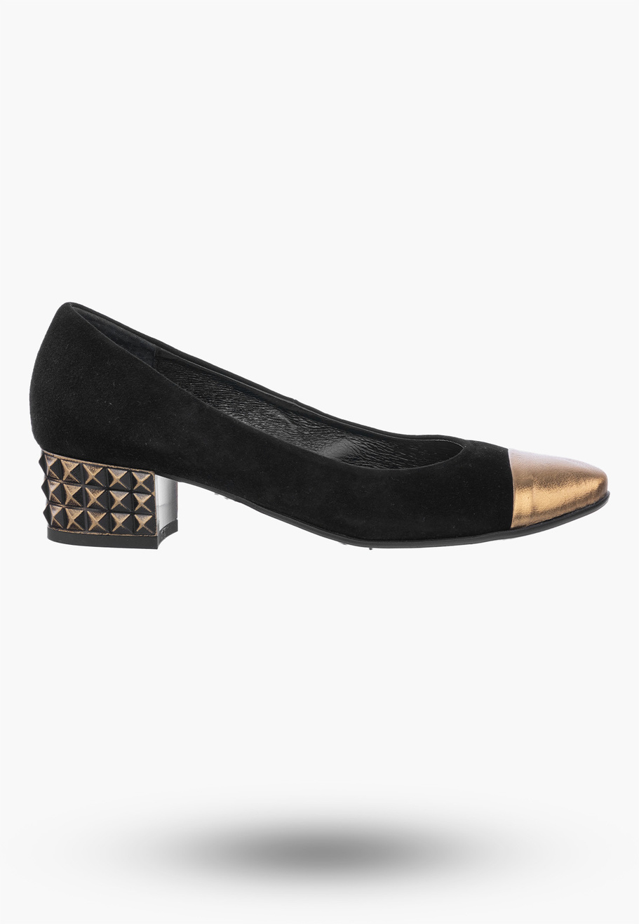 Buty Damskie Czółenka Czarne ze Skóry Naturalnej Z Ozdobnym Obcasem 26