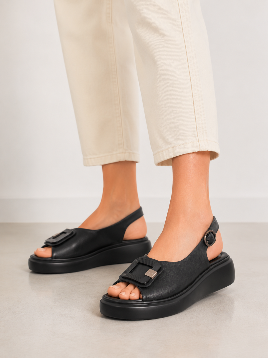 Sandały Damskie Skórzane Buty Czarne Na Platformie Z Ozdobą Letnie Casual