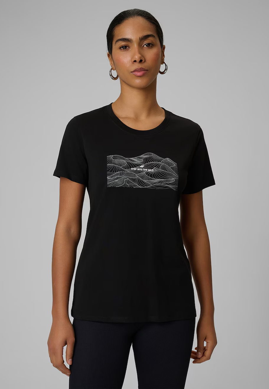 Koszulka Damska 4F T-shirt Regular Z Nadrukiem Czarny 4FWSS26TTSHF2785