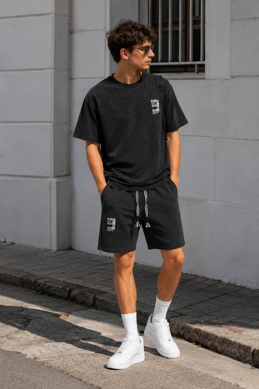 Komplet Męski T-Shirt Szorty Dresowe Casual Letni Zestaw Bawełniany Czarny