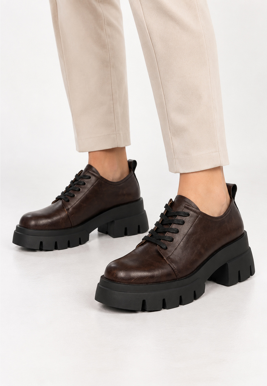 Półbuty Skórzane Damskie Buty Na Platformie Eleganckie FILIPPO Brązowe