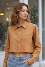 Koszula Damska Elegancka Camel Krótka Casual Z Długim Rękawem Wiskoza EDAN