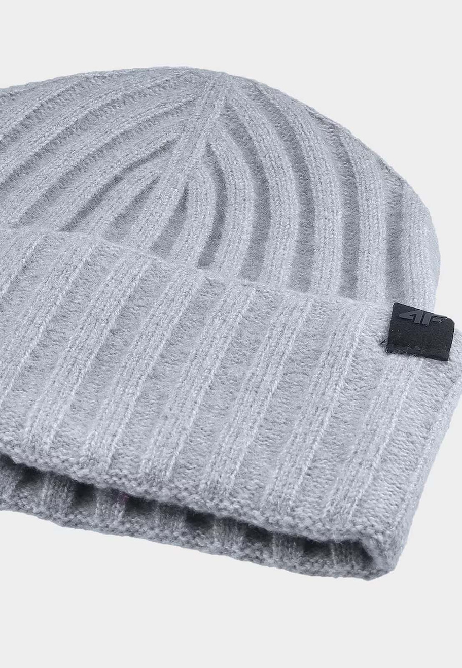 Czapka Damska Sportowa 4F Zimowa Beanie Dzianinowa Prążkowana Szara 4FWAW24ACAPF451