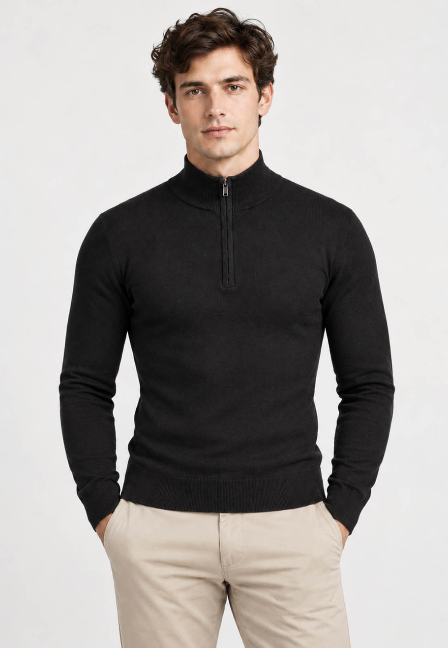 Sweter męski cienki czarny z półzamkiem i półgolfem gładki casual