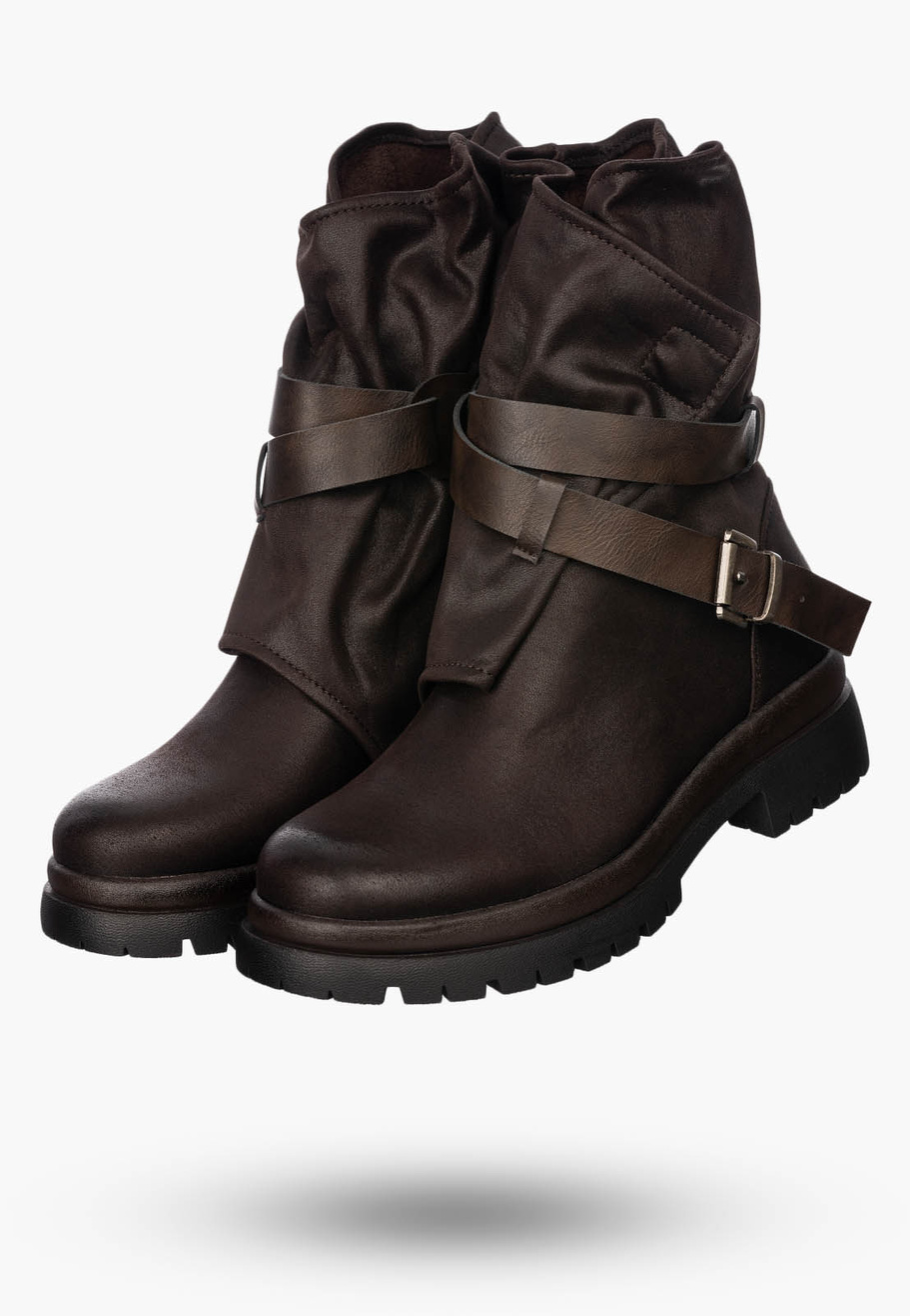 Botki Damskie Ekoskóra Buty Z Paskami Ocieplane Casual Brązowe
