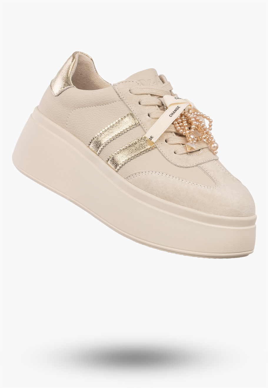 Sneakersy Damskie Skórzane Półbuty Buty Na Platformie Beżowe D&A
