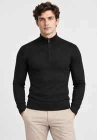 Sweter męski cienki czarny z półzamkiem i półgolfem gładki casual