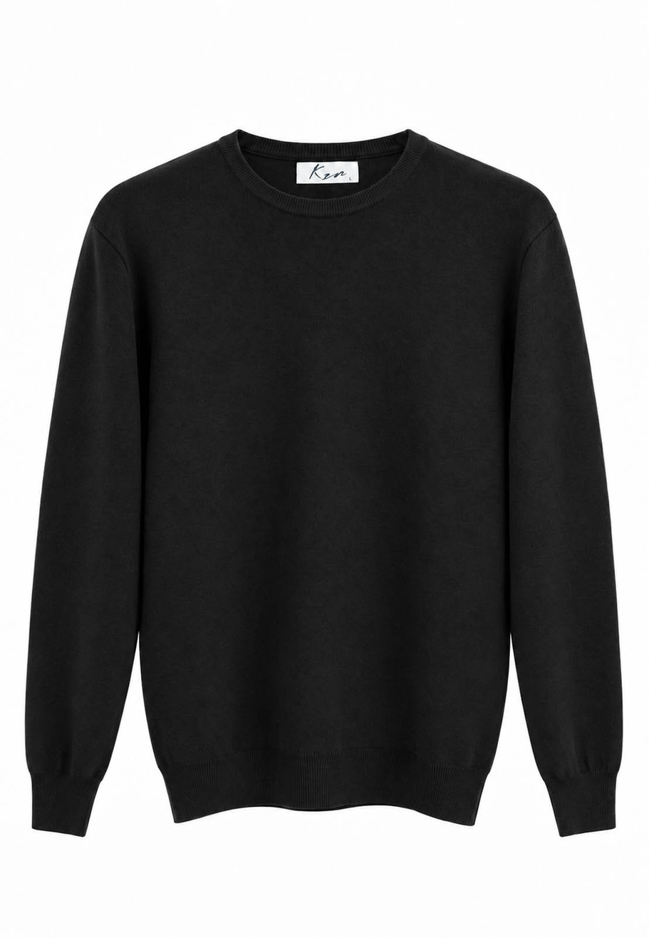Sweter męski cienki Slim Fit mocno dopasowany z okrągłym dekoltem czarny gładki