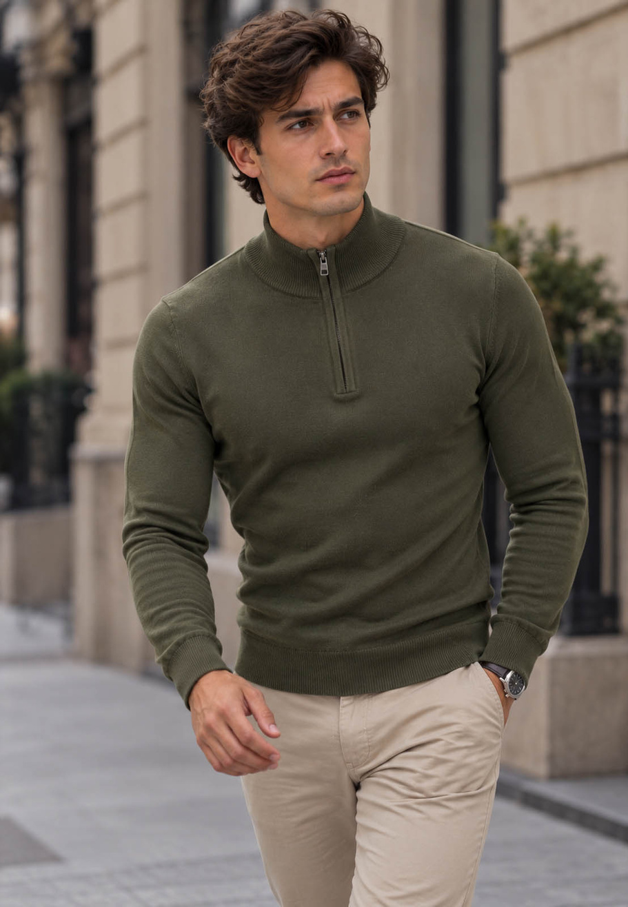 Sweter męski zielony cienki z półzamkiem i półgolfem gładki casual
