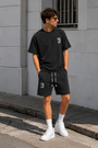 Komplet Męski T-Shirt Szorty Dresowe Casual Letni Zestaw Bawełniany Czarny