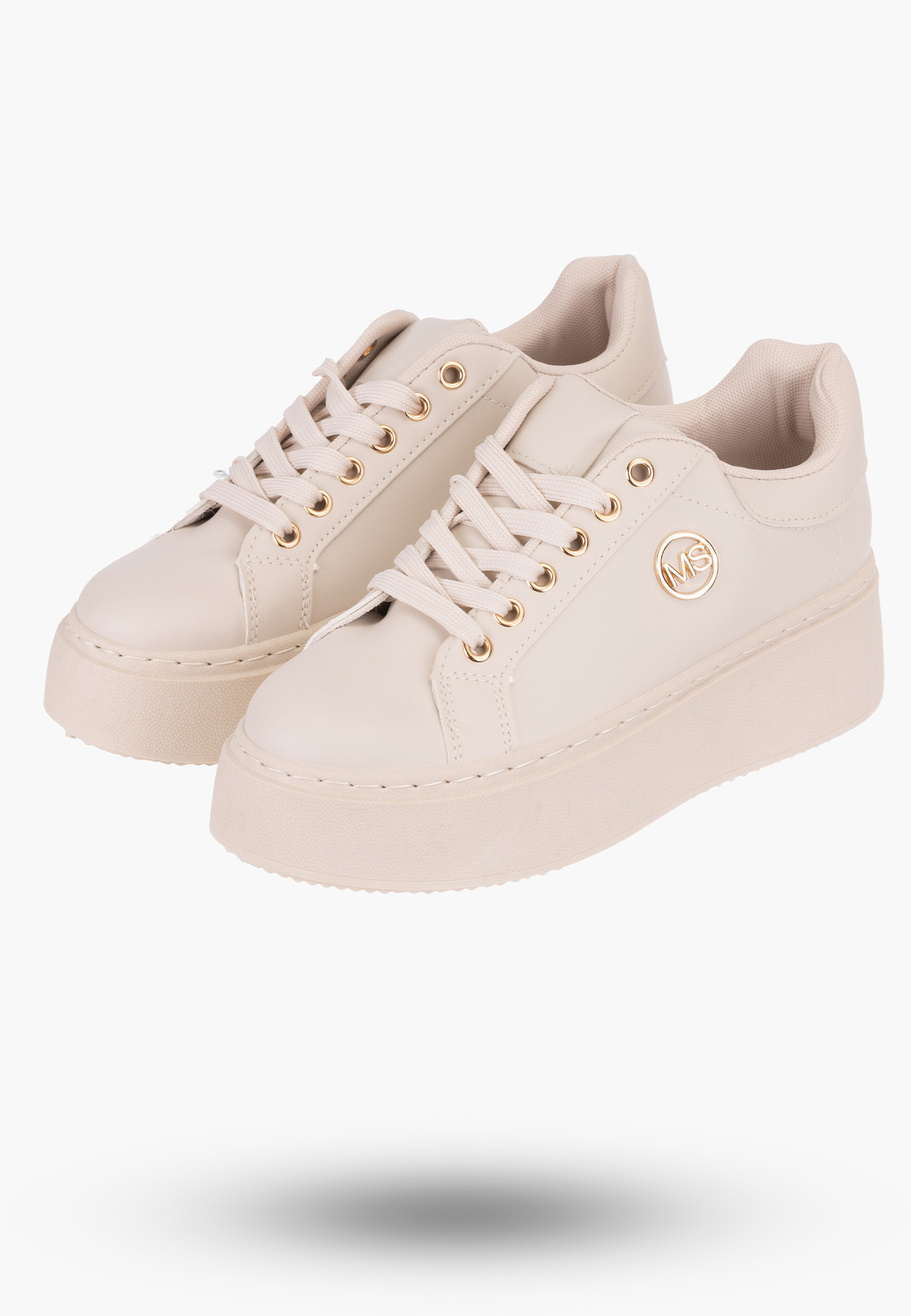 Sneakersy Damskie Beżowe na wysokie podeszwie z subtelną ozdobą