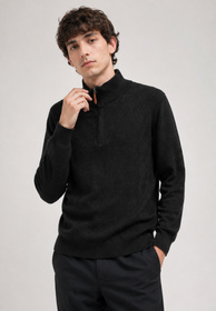 Sweter Męski Bawełniany Z Półzamkiem Stójką Elegancki Klasyczny Czarny