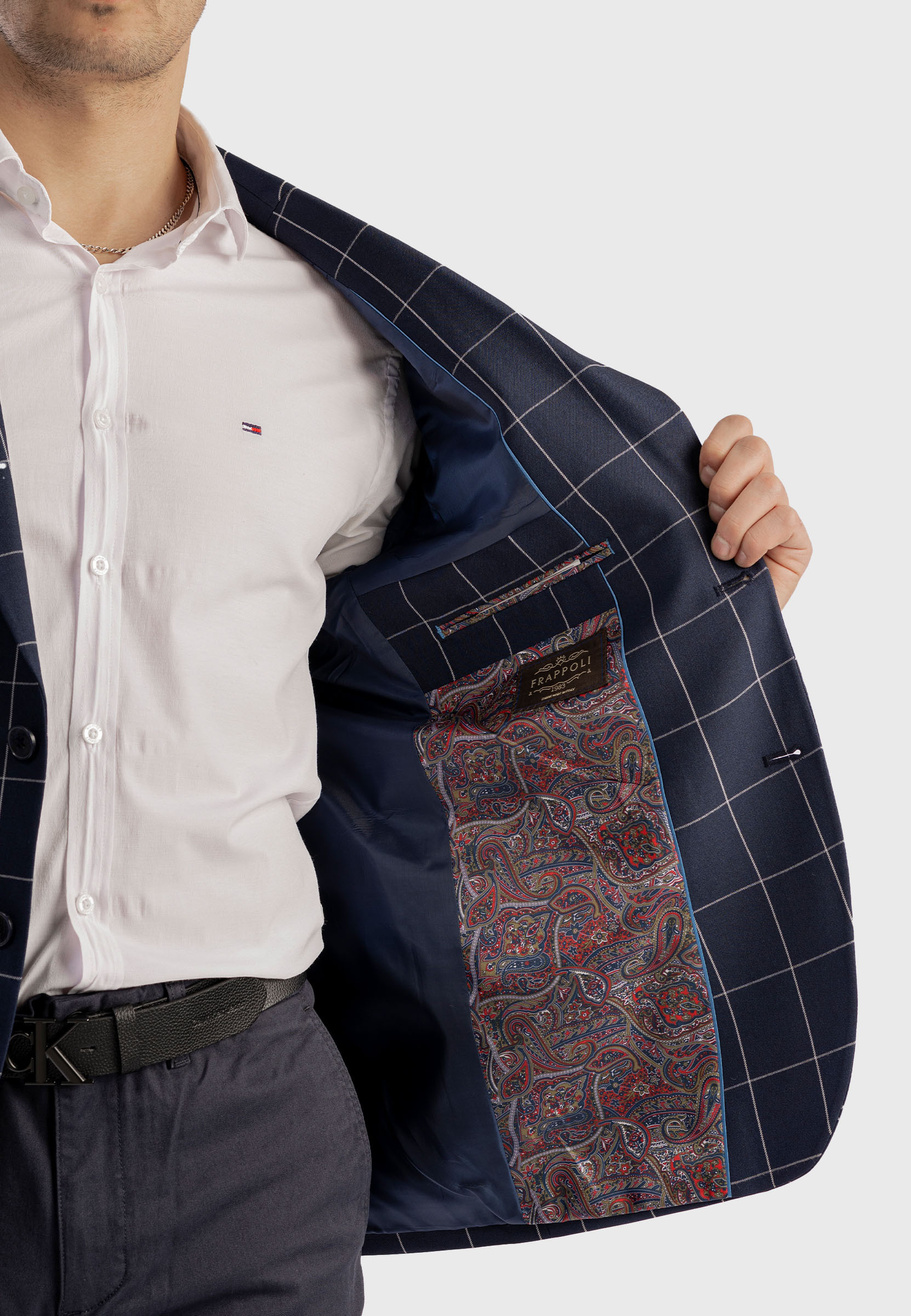 Marynarka Męska Granatowa Elegancka Klasyczna w Szarą Kratkę 3985