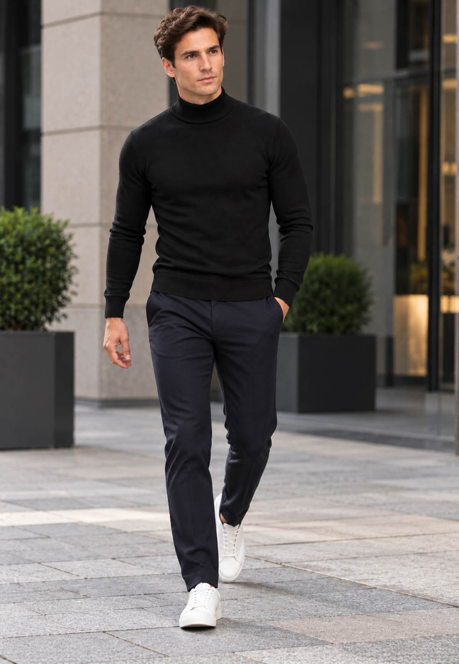 Półgolf męski Slim Fit mocno dopasowany z grubszej dzianiny czarny klasyczny