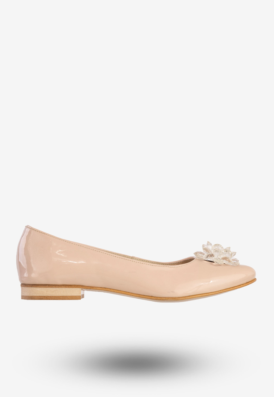 Baleriny Damskie Skórzane Z Kwiatem Eleganckie Buty Pudrowy Róż Burzyński 138LAN