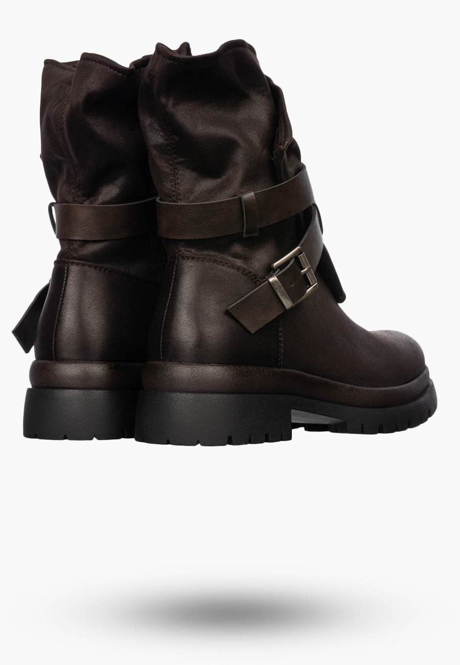 Botki Damskie Ekoskóra Buty Z Paskami Ocieplane Casual Brązowe