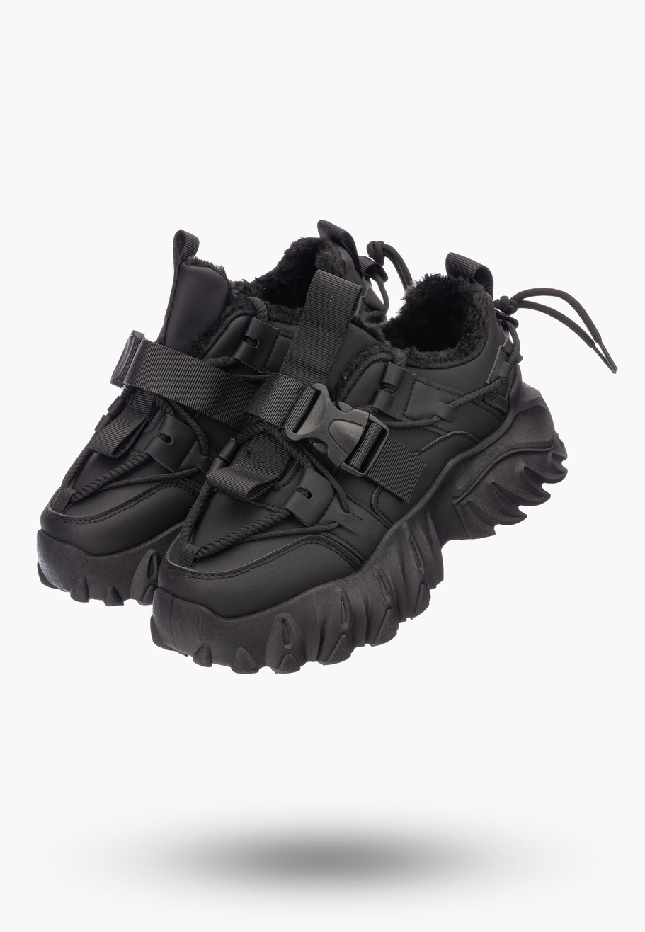 Buty Damskie Czarne Sneakersy na wysokiej podeszwie ocieplane 364