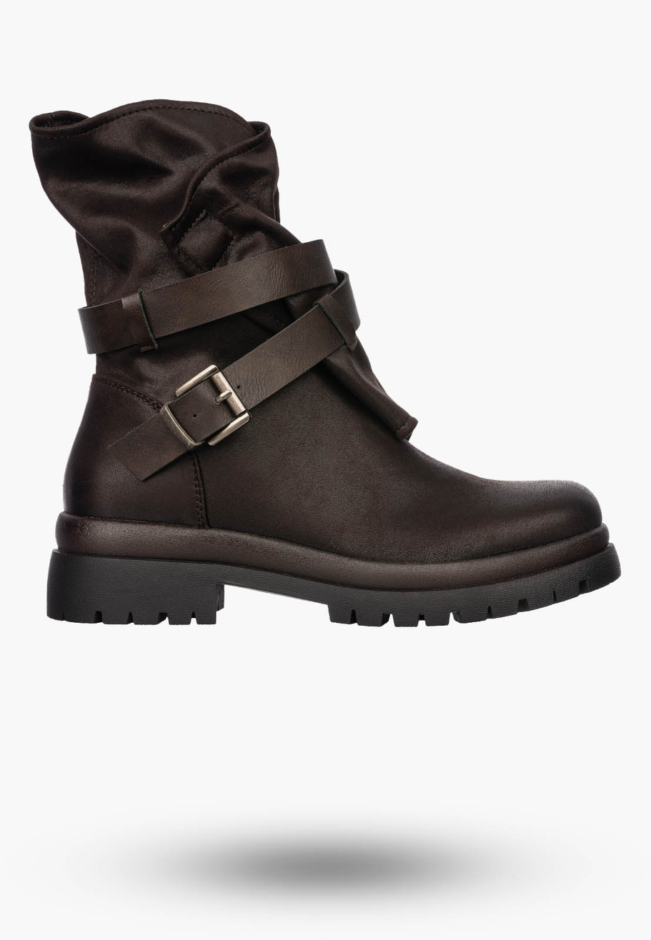 Botki Damskie Ekoskóra Buty Z Paskami Ocieplane Casual Brązowe