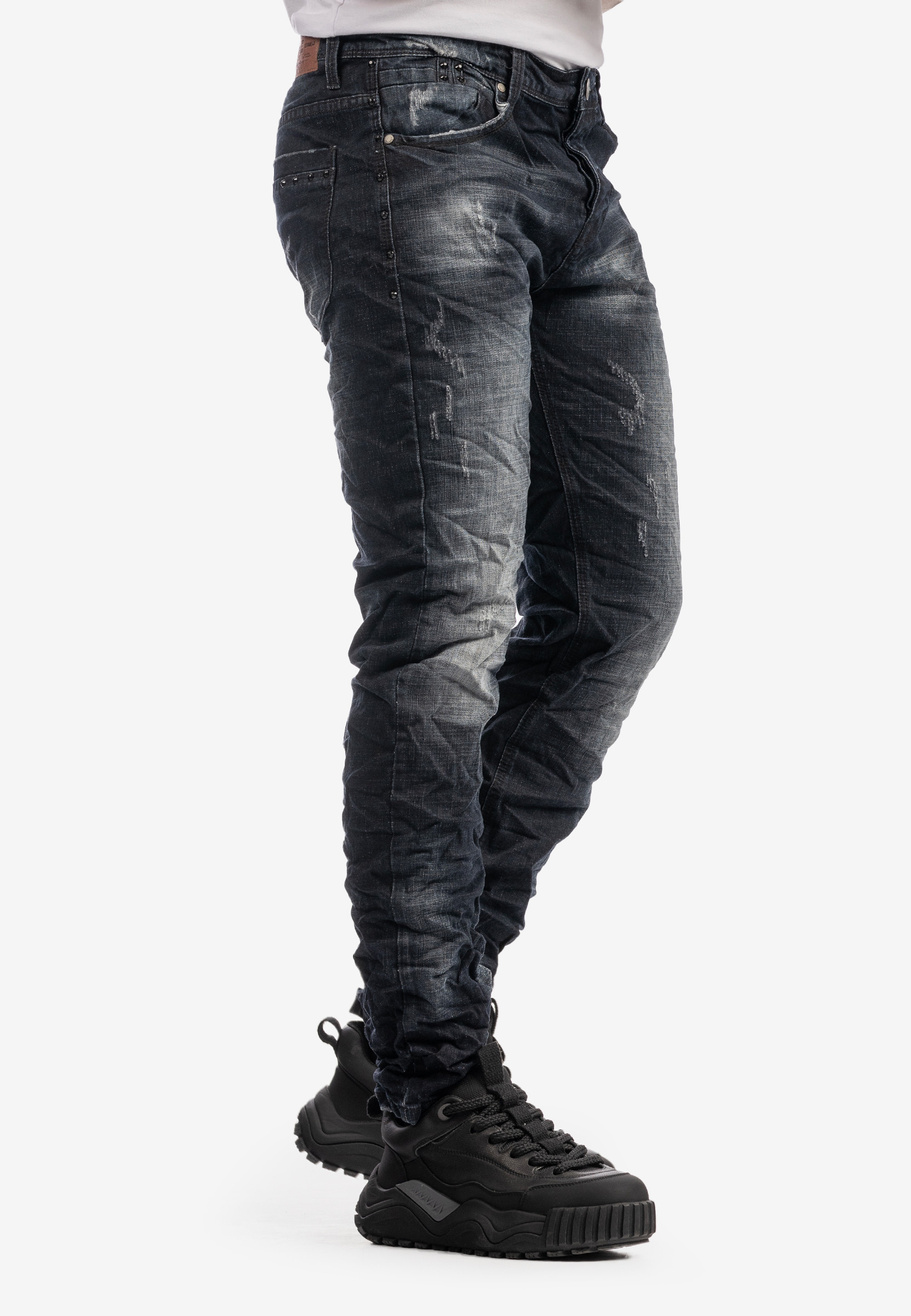 Spodnie Męskie Jeansowe Z Przetarciami Marszczeniami Ciemny Jeans KENZARRO