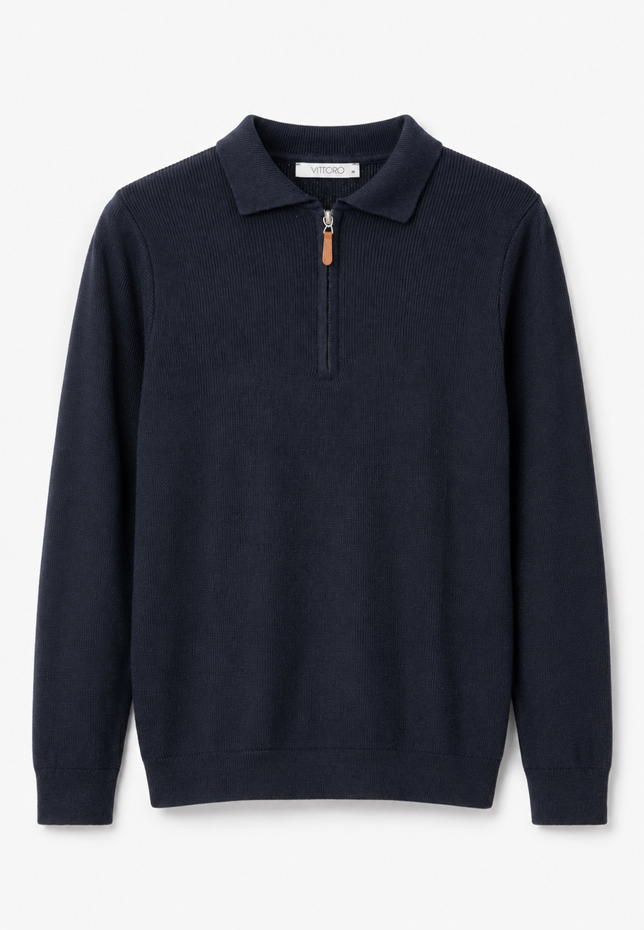 Sweter Męski Bawełniany Z Półzamkiem Stójką Elegancki Klasyczny Granat