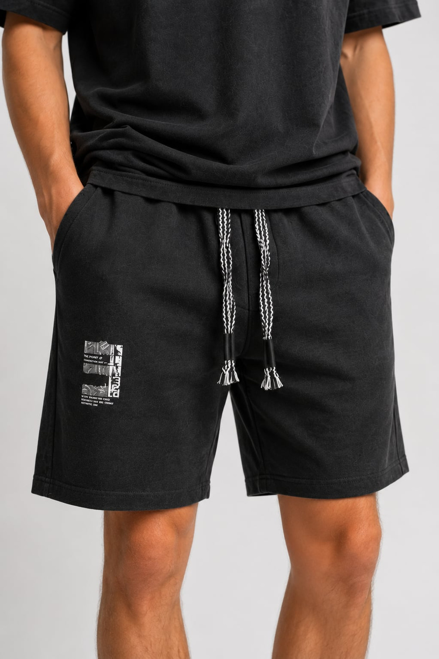Komplet Męski T-Shirt Szorty Dresowe Casual Letni Zestaw Bawełniany Czarny