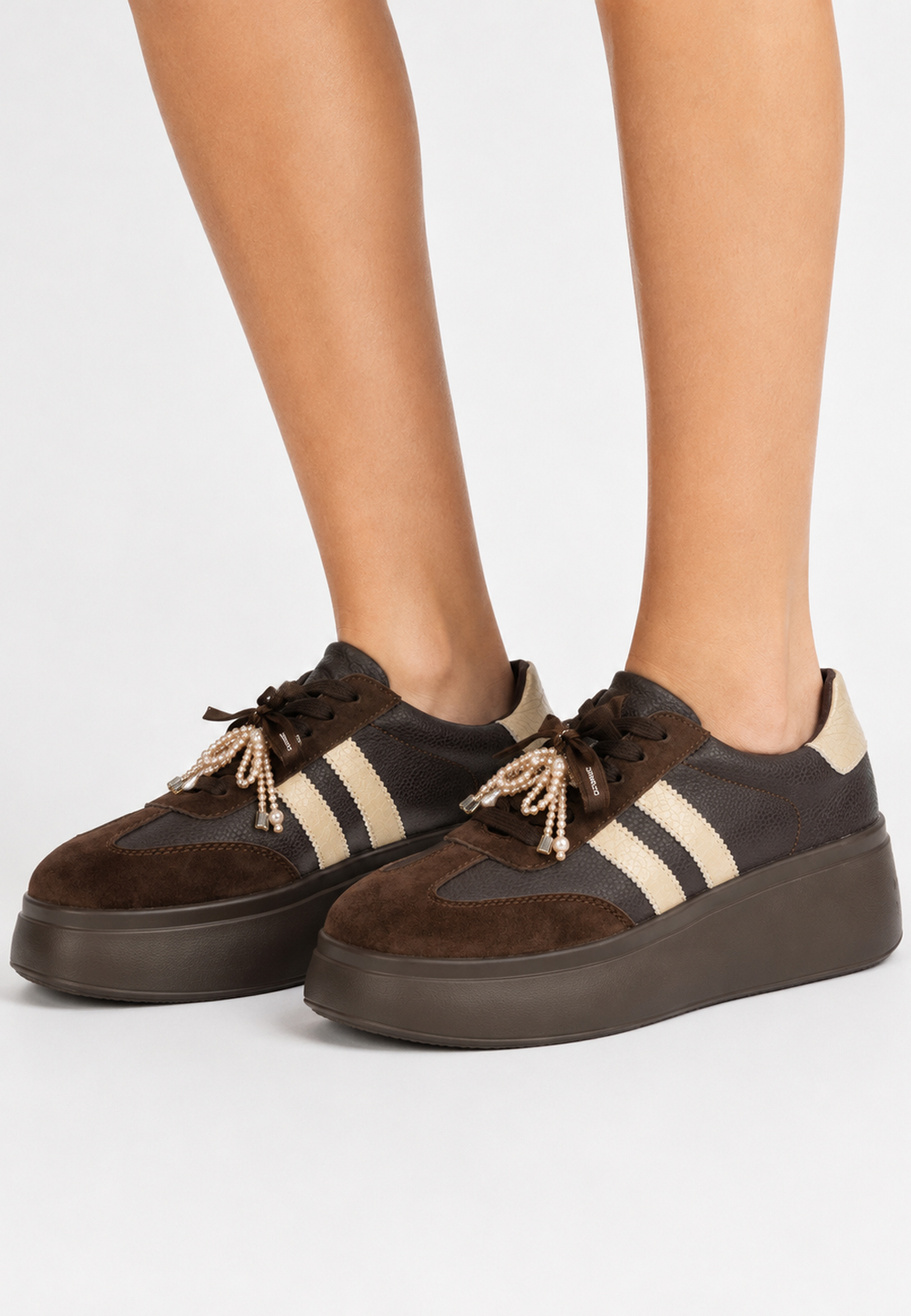 Sneakersy Damskie Skórzane Półbuty Buty Na Platformie Brązowe D&A