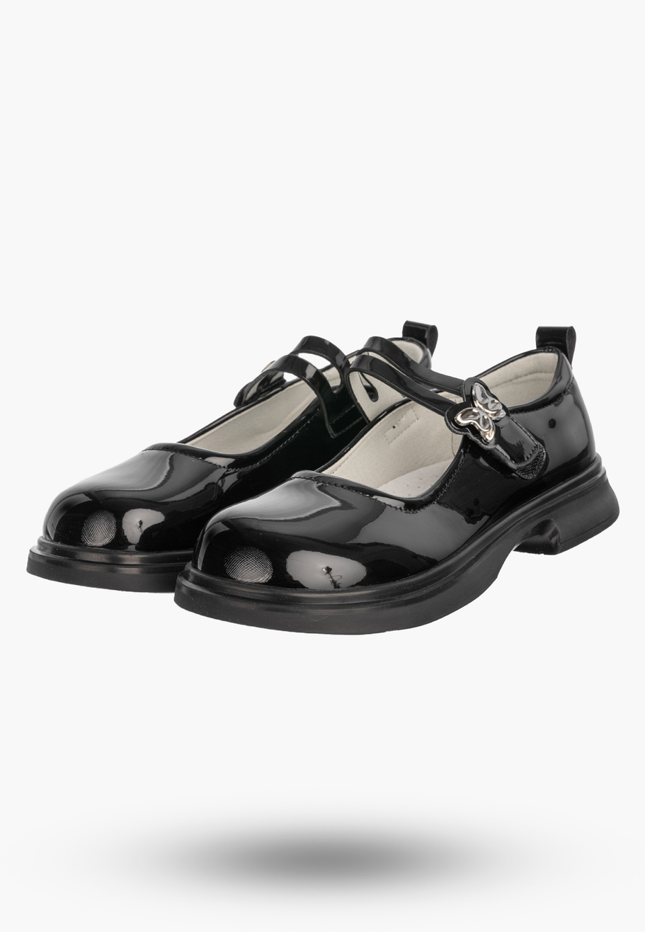 Półbuty Dziewczęce Na Rzepy Buty Eleganckie Skórzana Wkładka Czarne APAWWA B1601P
