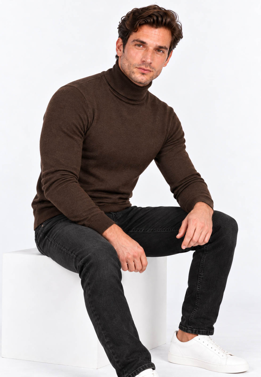 Golf Męski Elegancki Sweter Slim Fit Dopasowany Klasyczny Brązowy