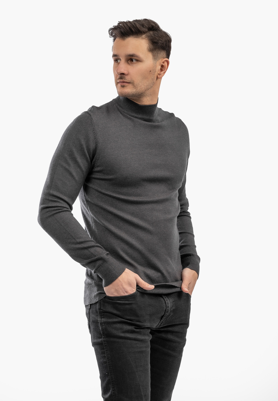 Sweter Męski Półgolf Elegancki Wiskoza Dopasowany Ciemny Szary