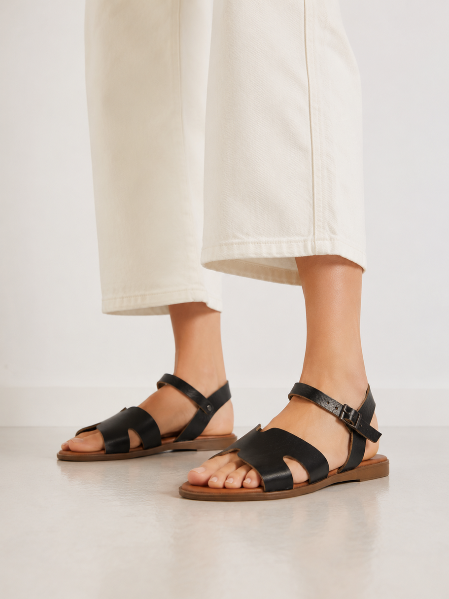 Sandały Damskie Skórzane Buty Eleganckie Letnie Casual Czarne