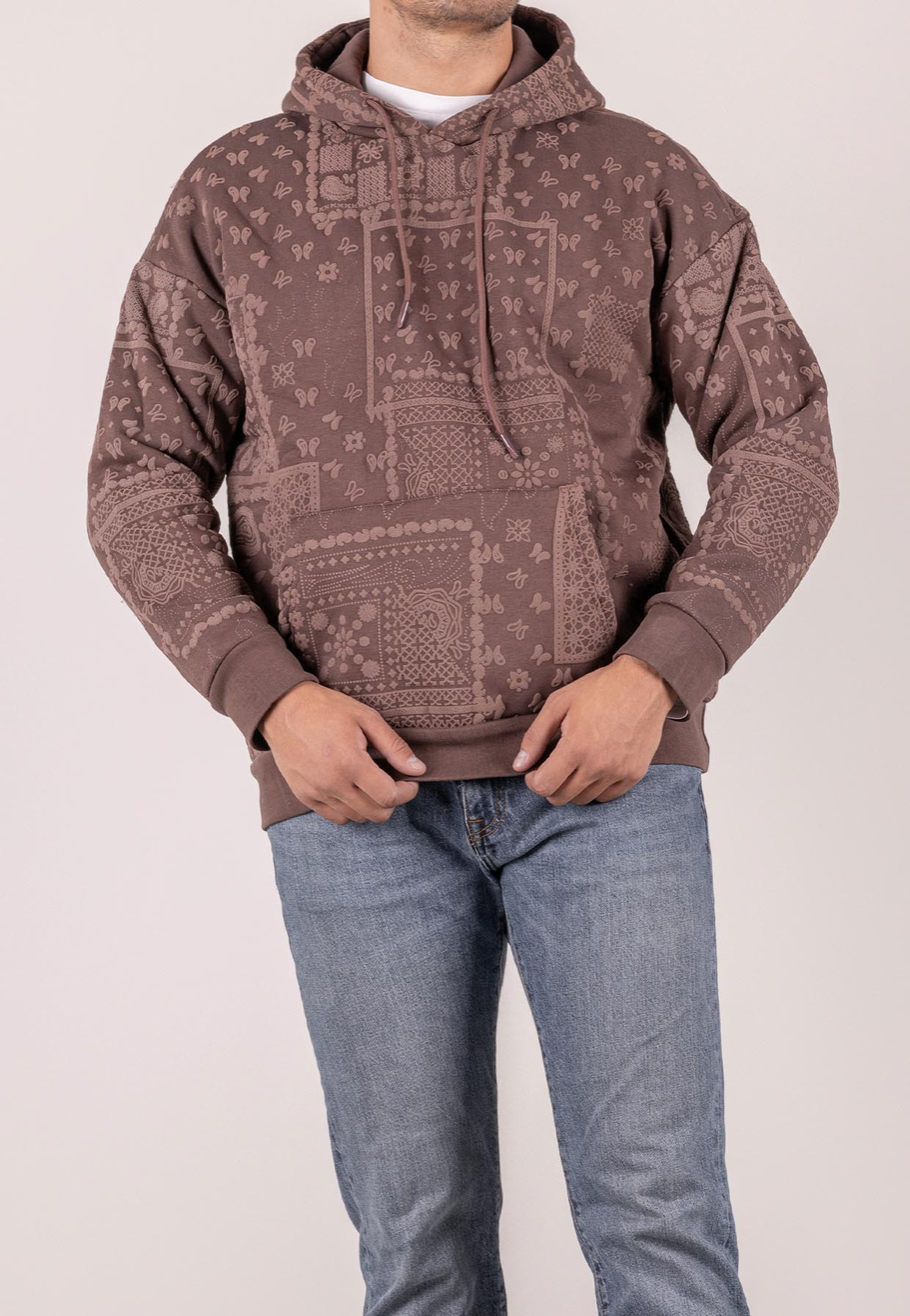 Bluza męska oversize ocieplana z kapturem paisley brązowa