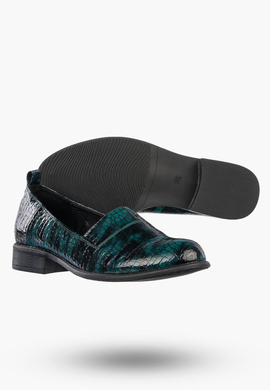 Półbuty Damskie Ekoskóra Wężowe Wsuwane Buty Eleganckie Zielone