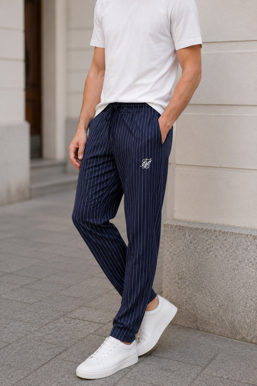Spodnie Męskie SIKSILK Eleganckie Prążkowane Casual Joggery Granatowe