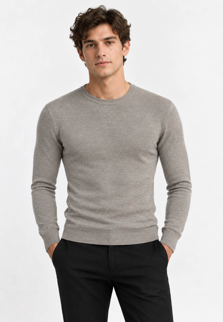 Sweter męski cienki Slim Fit mocno dopasowany z okrągłym dekoltem szary Coffee