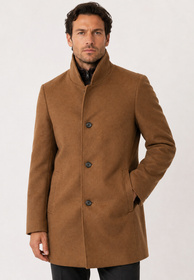 Płaszcz Męski Jednorzędowy Wełniany Z Odpinaną Stójką Elegancki Camel