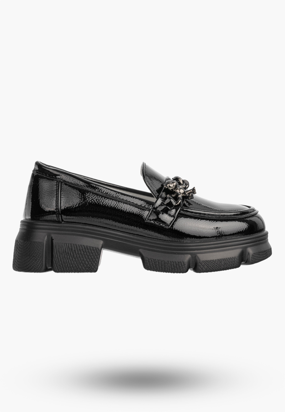 Mokasyny Dziewczęce Ekoskóra Buty Eleganckie Półbuty Lakierowane Czarne Clibee