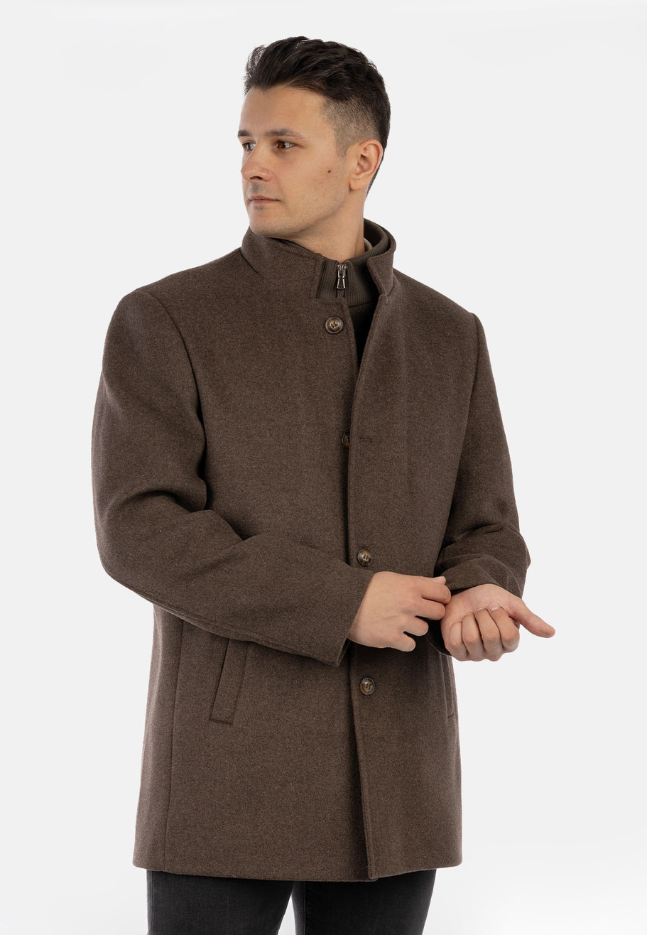 Płaszcz Męski Jednorzędowy Wełniany Z Odpinaną Stójką Elegancki Brązowy