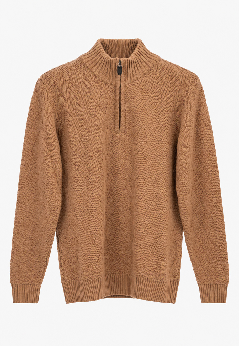 Sweter Męski Ze Stójką i zamkiem Bawełniany Klasyczny Ciepły Camel