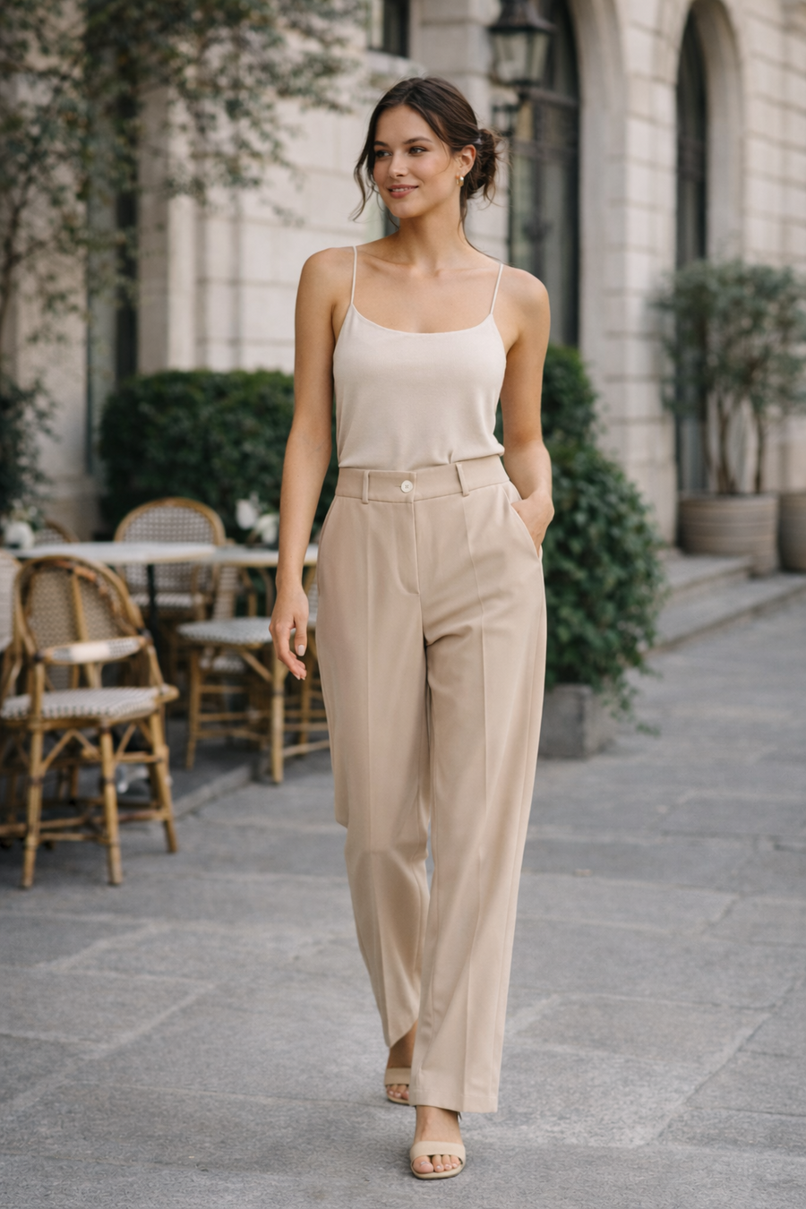 Spodnie Damskie Beżowe Proste Eleganckie Wide Leg Wizytowe EDAN