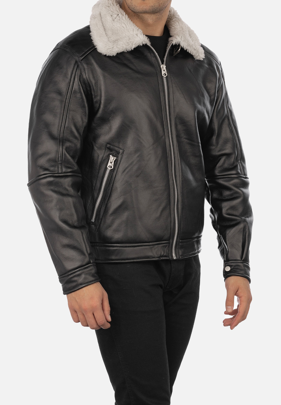 Kożuch Męski Kurtka Czarna Pilotka z białym kołnierzem Slim Fit 15-K-2024