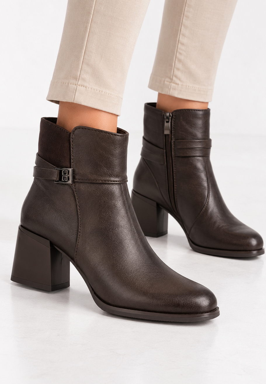 Botki Damskie Ekoskóra Ocieplane Buty Na Kocku Zimowe Eleganckie Brązowe Jezzi