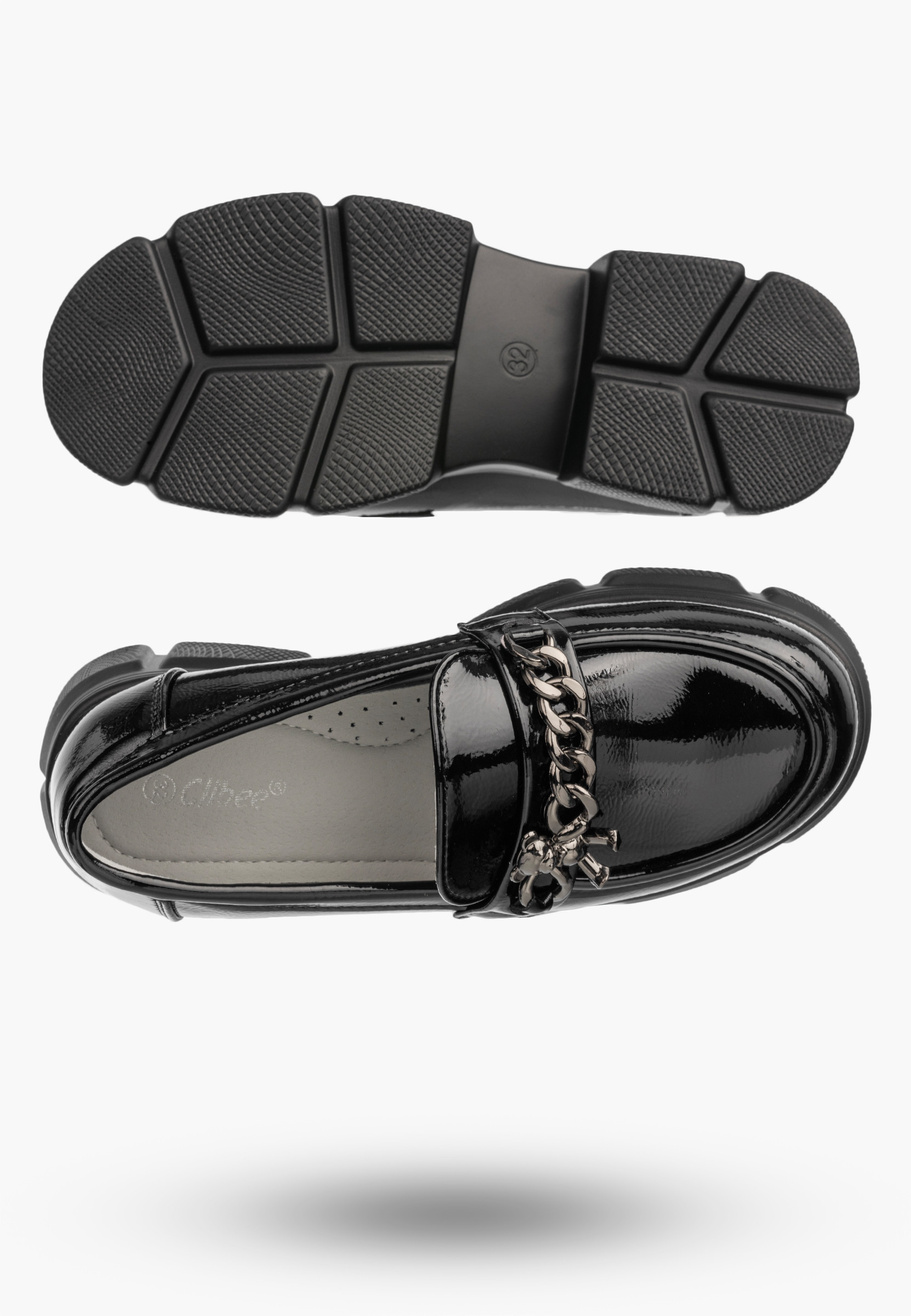 Mokasyny Dziewczęce Ekoskóra Buty Eleganckie Półbuty Lakierowane Czarne Clibee