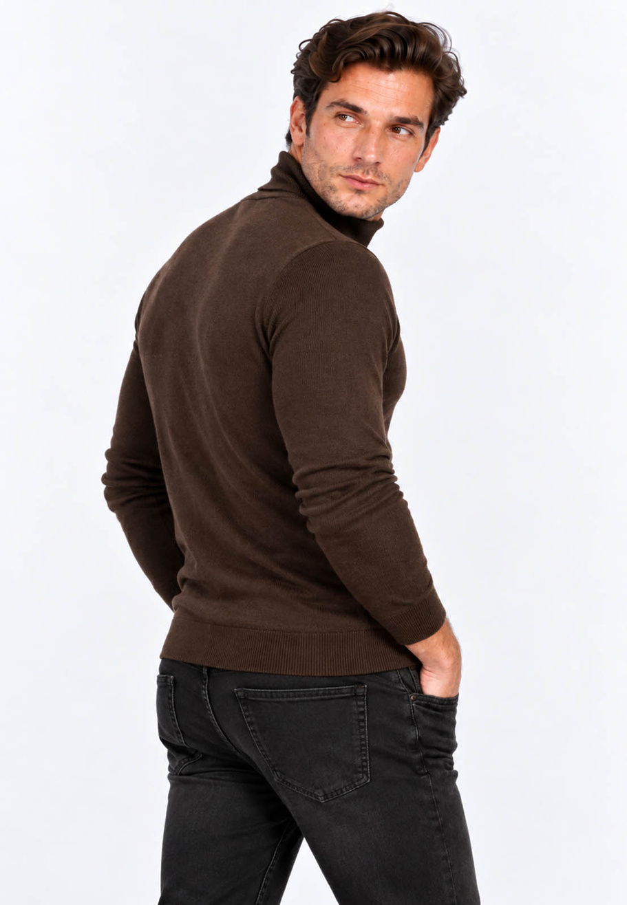 Golf Męski Elegancki Sweter Slim Fit Dopasowany Klasyczny Brązowy
