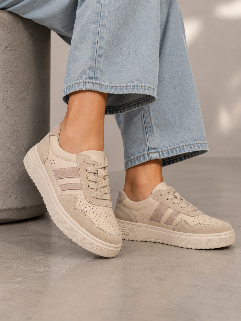 Sneakersy Damskie Skórzane Buty Zamszowe Sportowe Casual Beżowe