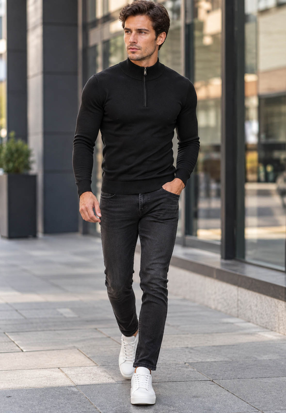 Sweter męski cienki czarny z półzamkiem i półgolfem gładki casual