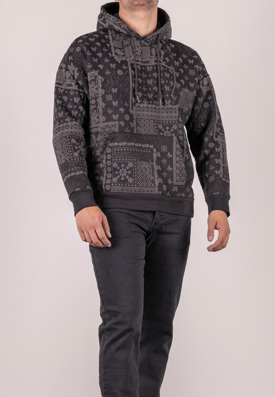 Bluza męska oversize ocieplana z kapturem paisley czarna