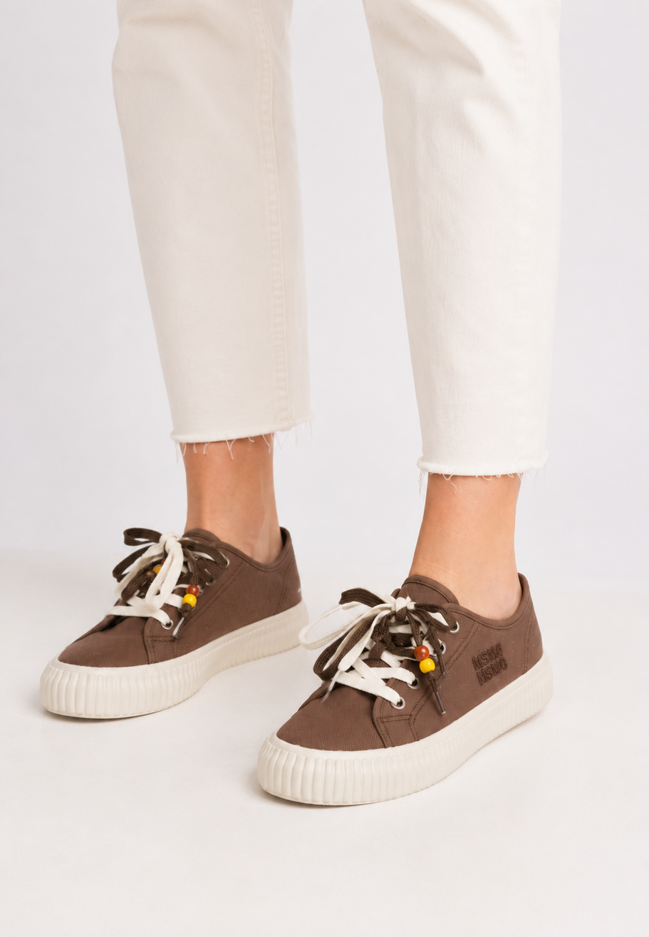 Trampki Damskie Materiałowe Sneakersy Na Platformie Sznurowane Casual Brązowe